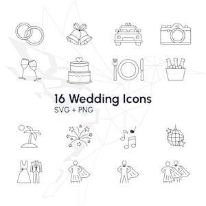 Könnte beinhalten: Eine Sammlung von 16 minimalistischen schwarz-weißen Hochzeitsikonen. Die Illustrationen umfassen Ringe, Glocken, ein Auto, eine Kamera, Sektgläser, eine Torte, ein Gedeck, Sektflaschen, eine Strandszene, Feuerwerk, Noten, eine Discokugel, ein Brautkleid und einen Smoking.
