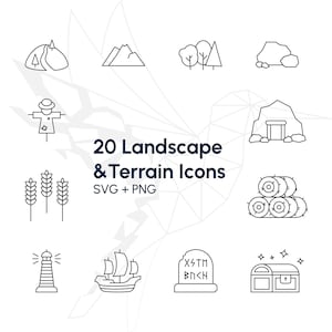 Landscape & Terrain Icons – 20 Outline (SVG + PNG) Icons for Maps, Games, Design