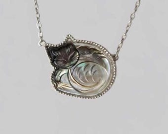 Carved Mother of Pearl Cat Necklace: Sterling Silver Bezel Pendant