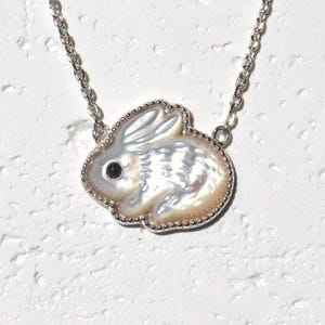 Mother of Pearl Bunny Necklace: Sterling Silver Rabbit Choker Necklace with Black Spinel Eyes