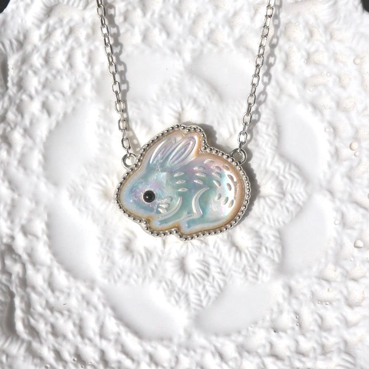 Spinel Rabbit Mother of Pearl Bunny Necklace, Sterling Silver Rabbit Necklace Rainbow ...