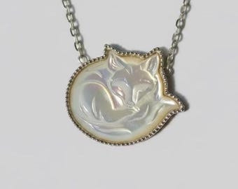 Carved Mother of Pearl Fox Necklace: Sterling Silver Bezel Set