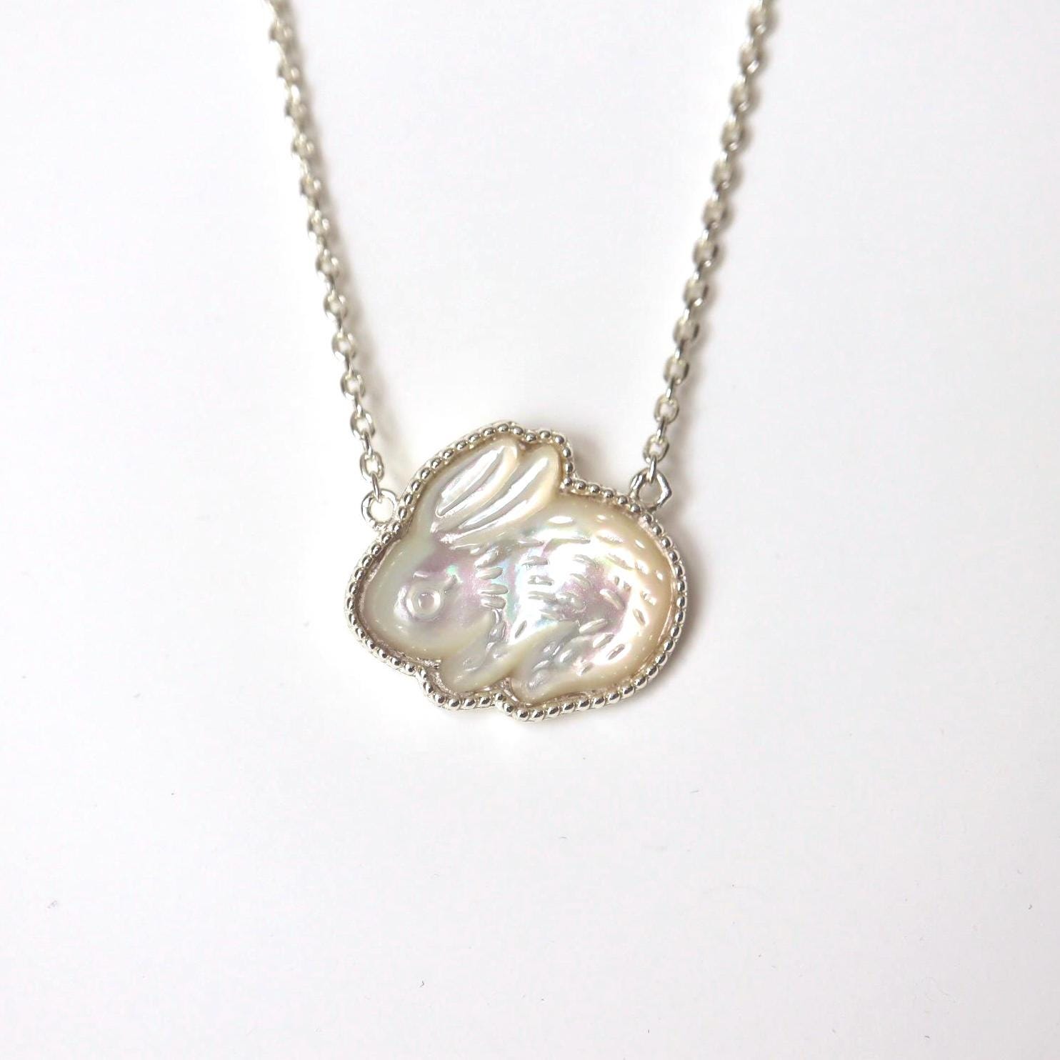 VVV☆[SET] PEARL RABBIT SURGICAL NECKLACE Bunny Necklace Mother of Pearl Rabbit Necklace Sterling