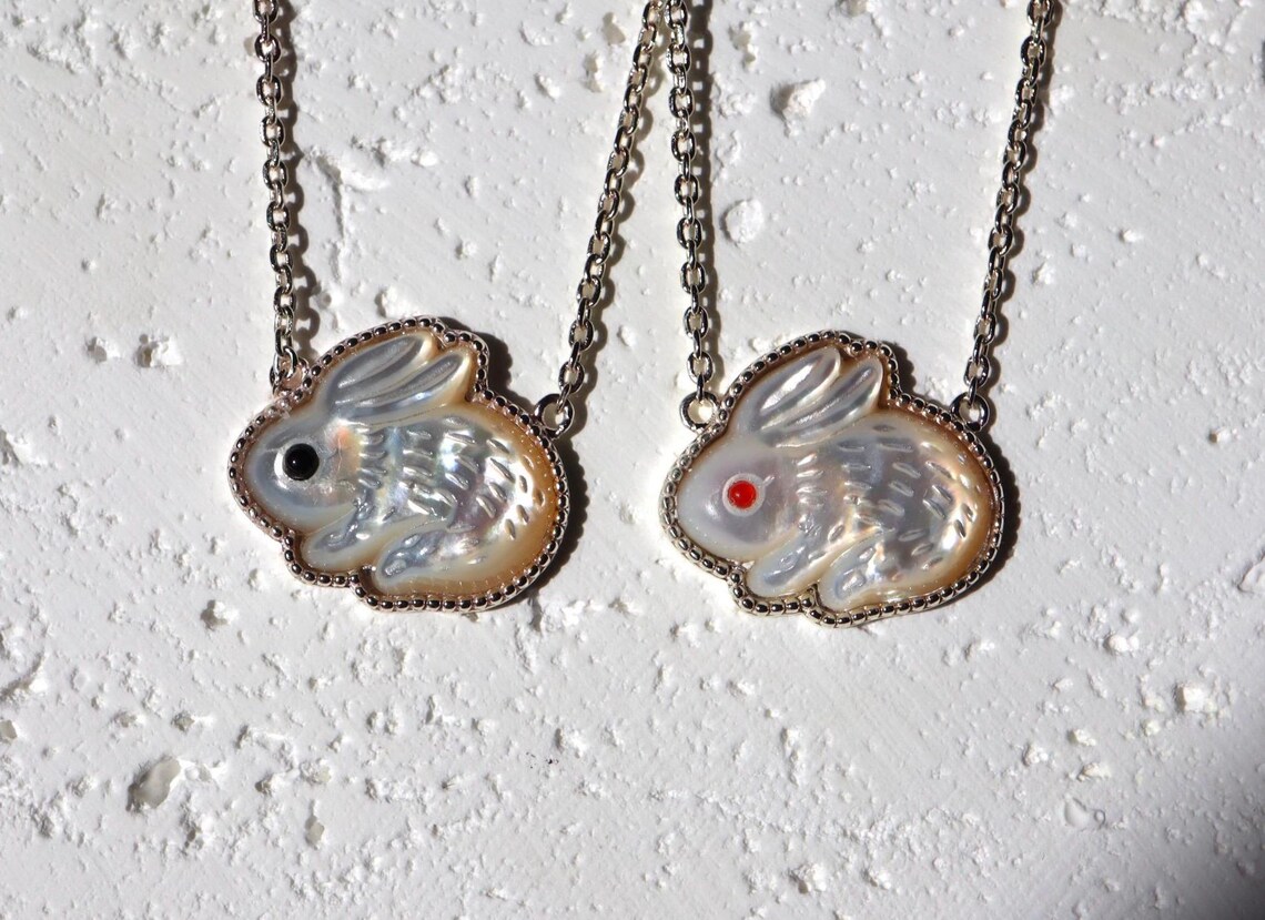 Spinel Rabbit Mother of Pearl Bunny Necklace: Sterling Silver Rabbit Choker Necklace ...