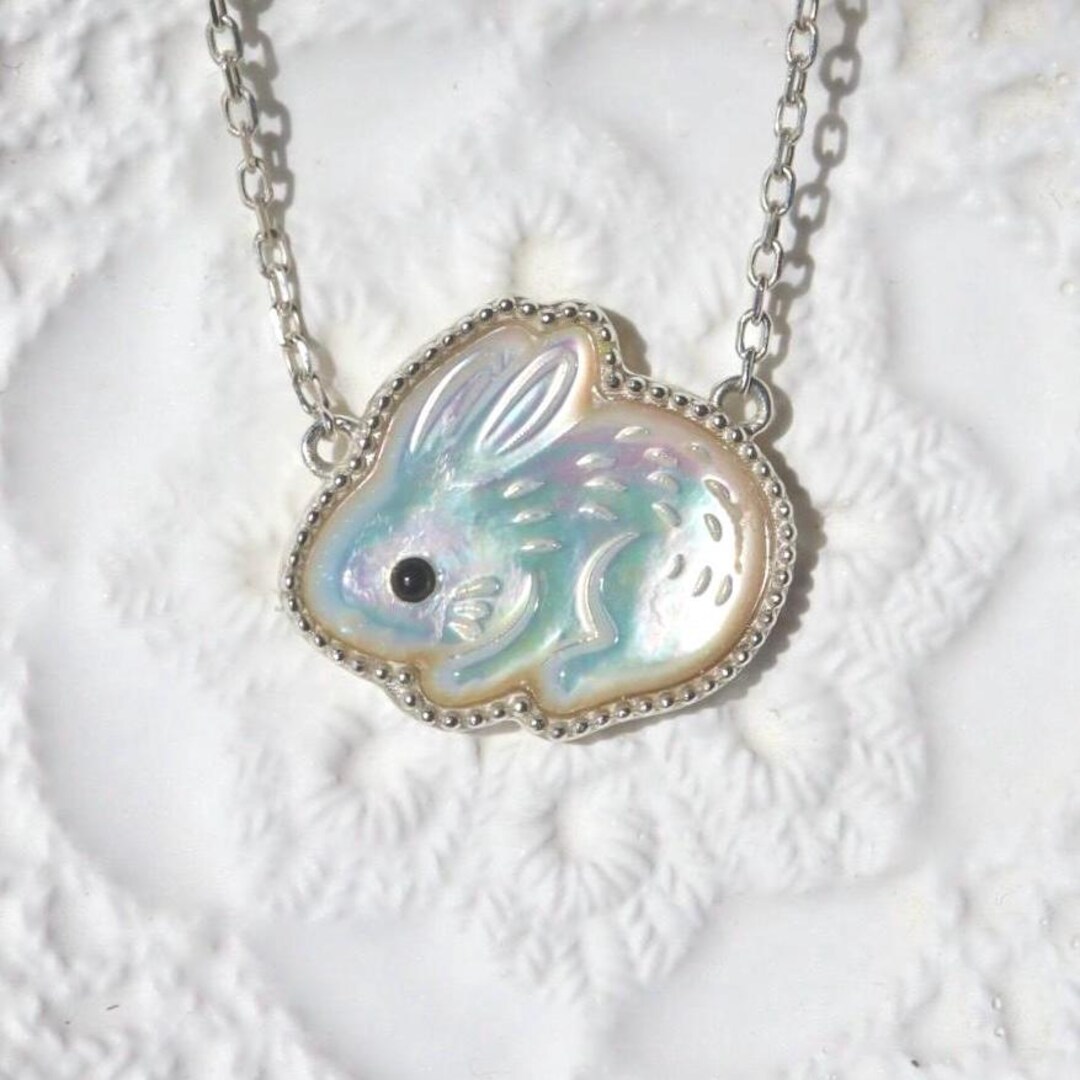 Spinel Rabbit Mother of Pearl Bunny Necklace, Sterling Silver Rabbit Necklace Rainbow ...