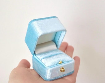 Light Blue Velvet Ring Box with Golden Latch