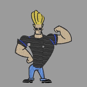 May include: A cartoon character with spiky blond hair, wearing sunglasses, a black t-shirt with a blue trim, blue jeans, and black shoes. The character is flexing his right arm.