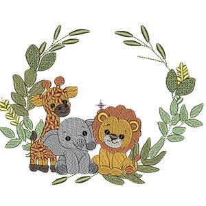 May include: An embroidery design featuring a giraffe, a grey elephant, and a lion sitting together. The animals are framed by a circular wreath of green leaves and yellow accents. The stitching is detailed with visible thread textures throughout.