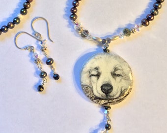 Great Pyrenees Sleeping Puppy Necklace Hand Painted Earrings Swarovski White Black Pearls Sterling