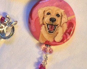 Hand Painted Golden Retriever Puppy Necklace with Swarovski Crystal Labrador Pink Artist Lampwork Glass