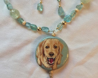 Hand Painted Yellow Labrador Labrador Pendant Necklace and Earrings Aquamarine Gold Filled Swarovski Crystals