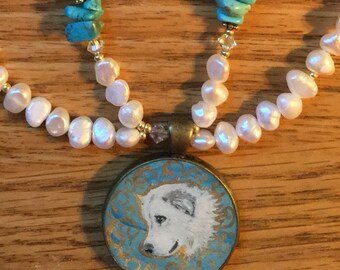 Hand Painted Great Pyrenees Fresh Water Pearl Necklace Swarovski Crystals 2 Strand Turquoise