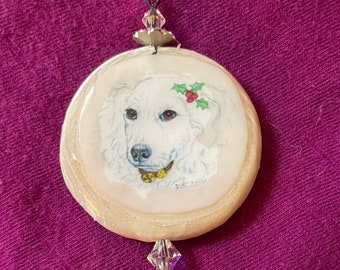Great Pyrenees at Christmas on cream colored white swirled pendant crystals
