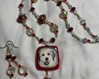 Holiday Great Pyrenees Necklace Earrings Christmas Red Gold Sterling