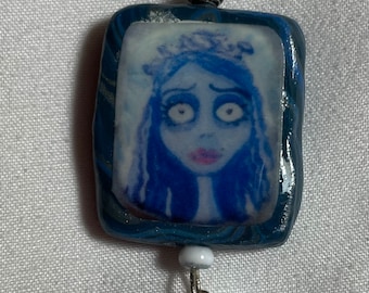 Print of a Hand Painted CORPSE BRIDE Small Pendant Midnight Blue Swirl Rectangle Sterling Pearl