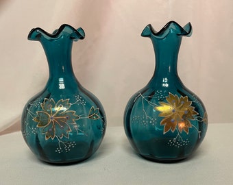 Pair Antique German Biedermeier Hand Painted Glass Vases Teal Blue ruffle gold