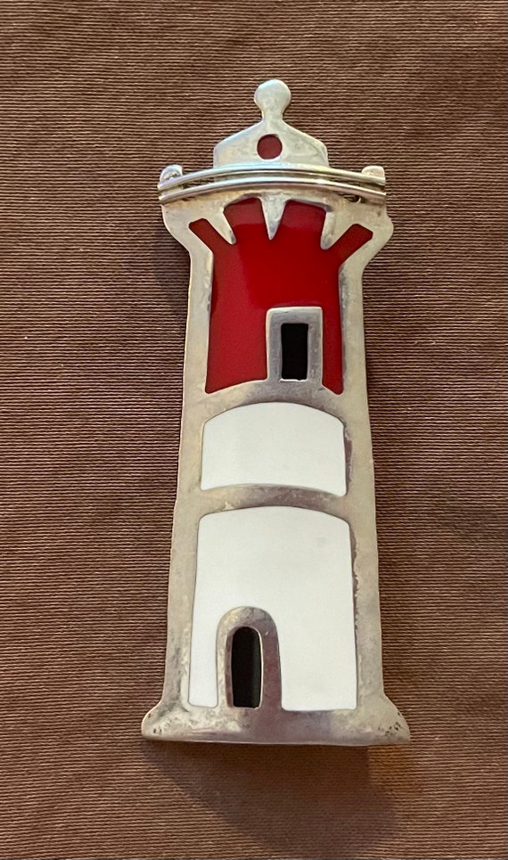 Vintage Sterling and Enamel Light House Pin Red w… - image 1