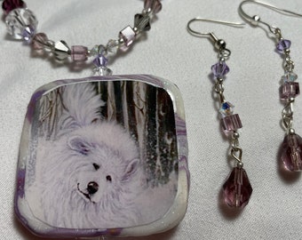 Great Pyrenees Necklace Hand Painted print Earrings Swarovski Sterling