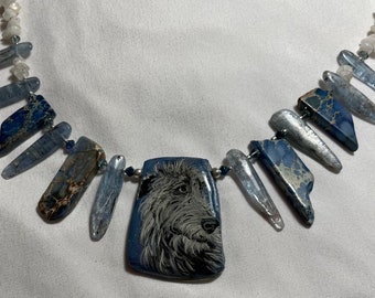 Hand painted Wolf Hound Kyanite Agate Rainbow Moonstone Swarovski crystals