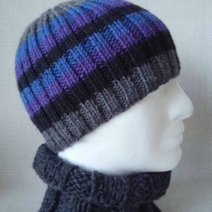 Tricoter modèle Mens côtes rayé Bonnet en tricot bonnet tricot plat, chapeau dhiver en laine motif/cadeau pour lui cadeau pour le mari père FINN image 4