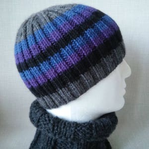 Tricoter modèle Mens côtes rayé Bonnet en tricot bonnet tricot plat, chapeau dhiver en laine motif/cadeau pour lui cadeau pour le mari père FINN image 6