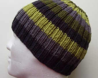 Mens Striped Rib Hat Knitting Pattern, Knit Flat (PDF Pattern)