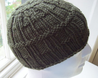 May include: A dark green knitted beanie with a cable knit pattern.