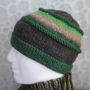 May include: A brown and green knit hat with a striped pattern. The hat has a green brim and a brown body with a green stripe.
