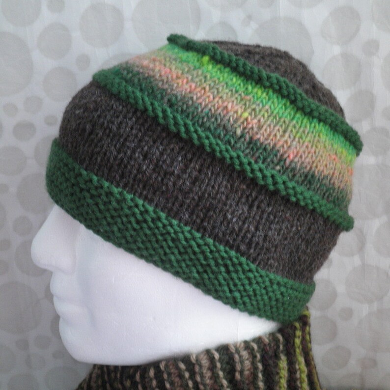 May include: A brown and green knit hat with a striped pattern. The hat has a green brim and a brown body with a green stripe.