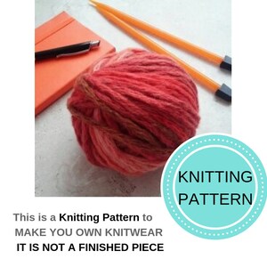 May include: A knitting pattern for making your own knitwear. The image shows a ball of red and brown yarn, knitting needles, and a notebook. The text "KNITTING PATTERN" is in a circle with a turquoise background.