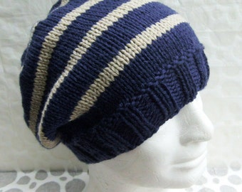 KNITTING PATTERN Mens Striped Slouch Hat/Knit Round/Easy Beanie Pattern Gift for Him Back to School College Colors Hat Teen Boys Hat /CAMPUS