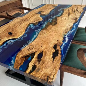Custom Olive Wood Ocean Sea White Dark Blue Epoxy Table, Wawes Design Table, Resin Dining Table, Deep Blue Epoxy Table, Epoxy Coffee Table