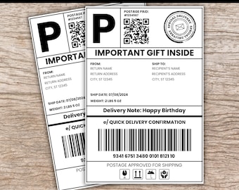 Custom Shipping Label Template, Editable Personalized Fake Mail Gift Box Sticker, DIY Gag Gift