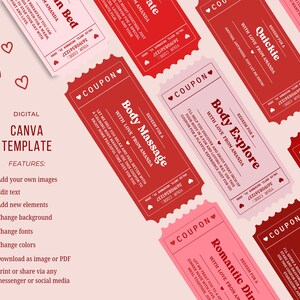 May include: A digital Canva template featuring red and pink coupons with various romantic themes like "Body Massage" and "Quickie." The coupons have heart accents and the text "With Love From Amanda."