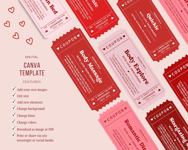 May include: A digital Canva template featuring red and pink coupons with various romantic themes like "Body Massage" and "Quickie." The coupons have heart accents and the text "With Love From Amanda."