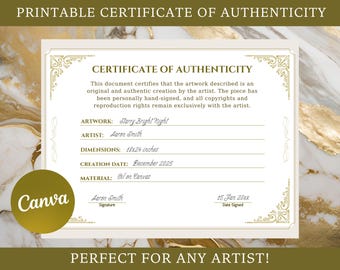 Editable Authenticity Certificate for Original Artwork Template, Printable Simple Artist COA, Canva, Digital Download