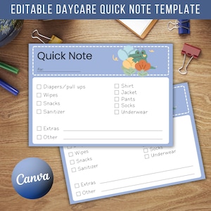 Puede incluir: Una plantilla de "Quick Note" azul claro para guardería. La plantilla incluye casillas de verificación para artículos como pañales, toallitas, bocadillos y ropa. La parte superior de la nota presenta un diseño de cocodrilo de dibujos animados y floral. El logotipo de Canva es visible.