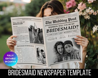 Printable Bridesmaid Proposal Newspaper Photo Flower Bouquet Wrap Template, DIY Newsletter, Canva Template