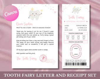 Editable Tooth Fairy Arrival Receipt Printable Certificate, Pink Lost Teeth Letter Game Set