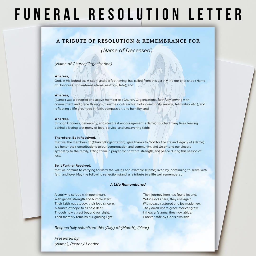 Funeral Resolution Template.pdf Funeral Resolution Letter Wings, Editable Church Grievance Tribute ...
