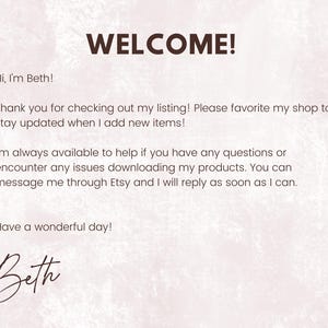 May include: A digital graphic with the word "WELCOME!" in dark brown text. The text "Hi, I'm Beth!" is above a message about the shop and contact information. The signature "Beth" is at the bottom, all on a light brown background.