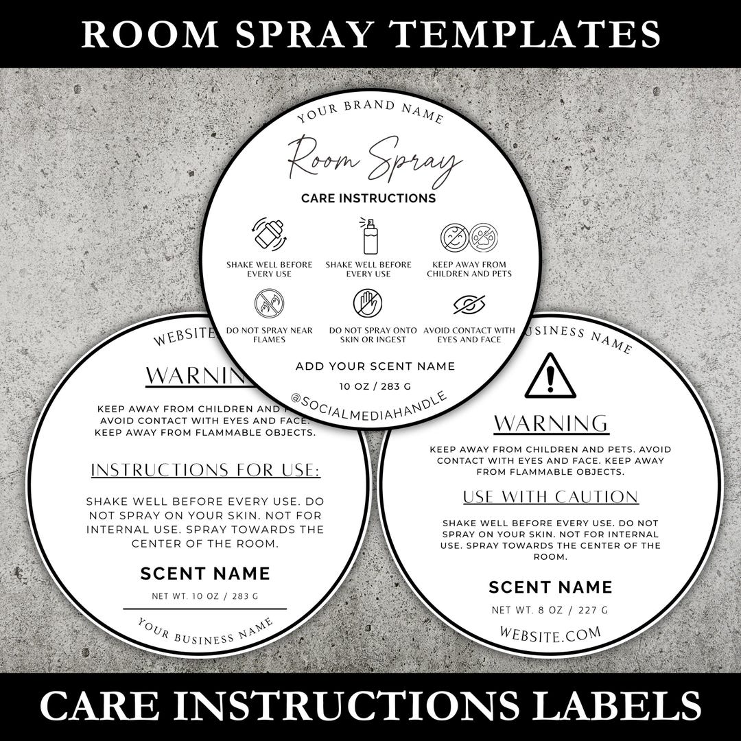 Room Rabel Editable Room Spray Care Card, Printable Warning Sticker, Instructions ...