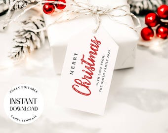 Bearbeitbare frohe Weihnachten Geschenkanhänger Vorlage, minimalistische Weihnachts Danke Note, Script Font Favor Card
