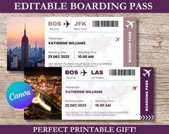 Bearbeitbare Bordkarte Canva-Vorlage, druckbare Flugkarte, digitale Überraschung Valentines Reisegeschenk