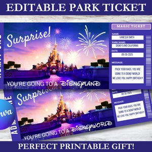 Printable Disneyland Surprise Ticket Template, Disneyworld Theme Park Reveal Kids Birthday Gift, Instant Download, Editable Canva Template