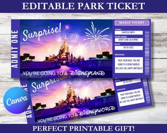 Druckbare Disneyland Überraschungskarte, Disneyworld Freizeitpark enthüllen Kinder Geburtstagsgeschenk