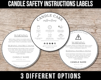 May include: Three round candle safety instruction labels with black text on a white background. The labels include warnings, burning instructions, and space for a candle name and business name. The top of the image reads "CANDLE SAFETY INSTRUCTIONS LABELS".