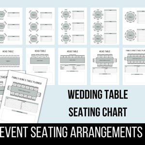 Peut inclure: Plusieurs modèles de plans de table pour mariage. Les modèles présentent différentes dispositions de tables, rondes et rectangulaires, avec des espaces pour les noms des invités. Le texte de l'image indique "WEDDING TABLE SEATING CHART" et "EVENT SEATING ARRANGEMENTS."