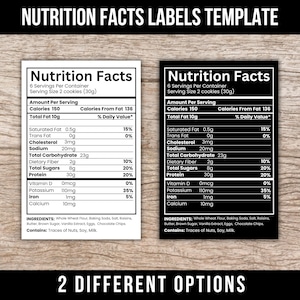 Op de afbeelding: Twee sjablonen voor voedingswaardelabels, één wit en één zwart, met gedetailleerde voedingsinformatie per portie. De labels bevatten gegevens over calorieën, vetten, koolhydraten en vitamines. De tekst "2 DIFFERENT OPTIONS" staat onderaan.