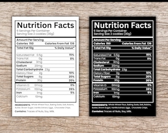 Nutrition Facts Label Template, Editable Food Calories Ingredients Sticker, Custom Nutritional Value, Canva